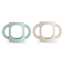 Mushie - Silicone Bottles Handles, Cambridge Blue/Shifting Sand Image 1