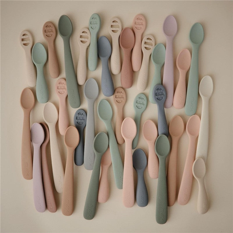 Mushie Silicone First Feeding Baby Spoons 2 Pack - Natural & Shifting Sand Image 3