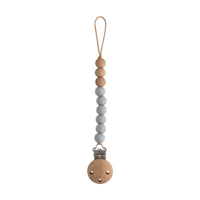 Mushie Eva Pacifier Clip in Stone color, featuring wooden and silicone beads and a metal clip for securing pacifiers.