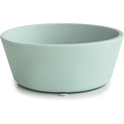 Silicone suction bowl in Cambridge Blue, designed for children; features a wide, shallow shape and sturdy base.