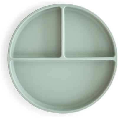 Silicone suction plate in Cambridge Blue with three compartments for portioning food for children.