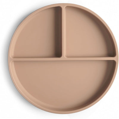 Silicone suction plate in natural color with three compartments for easy feeding and preventing spills.