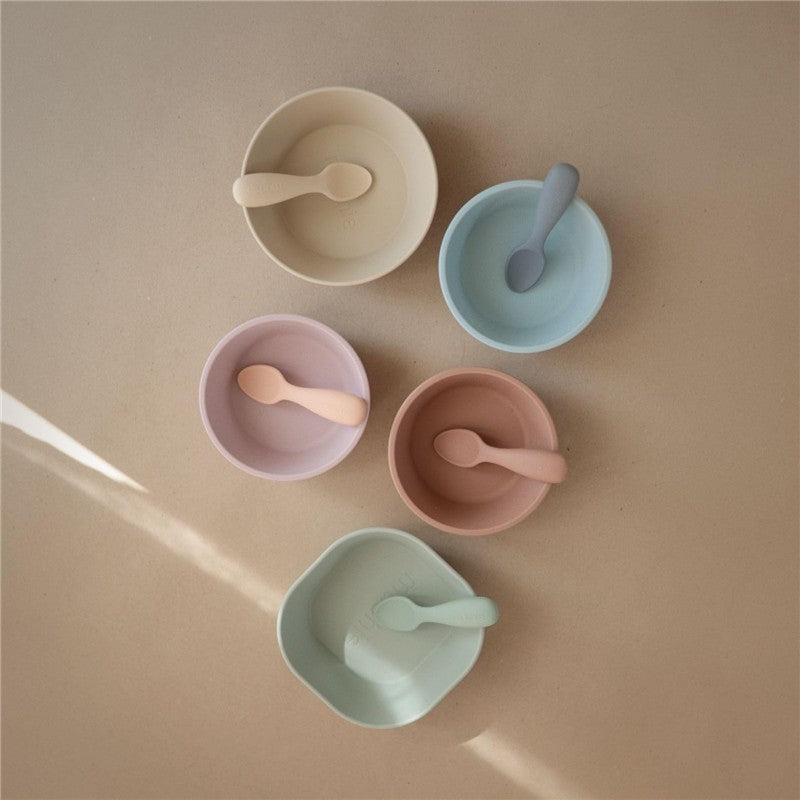 Mushie - Silicone Toddler Starter Spoons, 2 Pack, Cambridge Blue/Shifting Sand Image 4