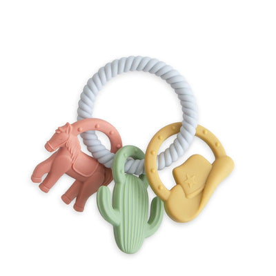 Silicone teething ring featuring a pink horse, green cactus, and yellow cowboy hat, on a white twisted ring.