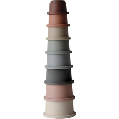 Soft, stackable cups in various pastel colors, designed for stacking and play, ideal for children.