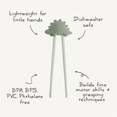 Mushie Training Chopsticks in rose color designed for children, lightweight, dishwasher safe, and BPA-free.