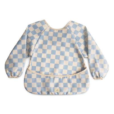 Water-resistant baby bib in blue check pattern with long sleeves and an adjustable fit, featuring a pocket.