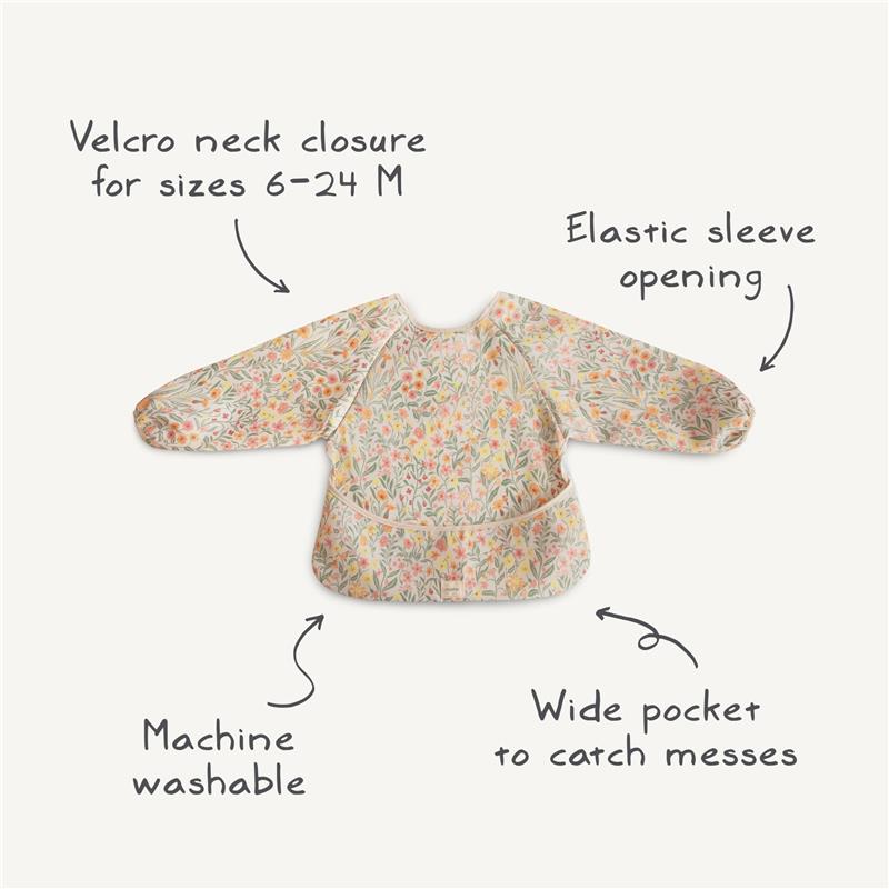 Water-resistant long sleeve baby bib with floral design, Velcro neck closure, elastic sleeves, and wide pocket for messes.