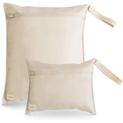 Mushie water-resistant wet bags in fog color, featuring a zipper closure and convenient handles, sold as a two-pack.