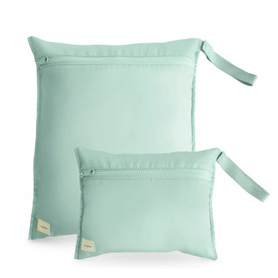 Water-resistant wet bags in Roman Green, featuring a large and a small bag with zippers and handles.