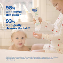 Mustela 2 in 1 Cleansing Gel bottle held by a child, with another child bathing nearby. Claims on effectiveness visible.