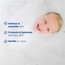 Cleansing gel advertisement featuring a smiling child in a bath of bubbles, highlighting three benefits: softens skin, hydrates delicate skin, and gentle on eyes.