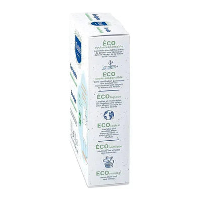 Mustela 6Ct Reusable & Washable Baby Eco-Wipes packaging, highlighting eco-friendly certifications and benefits in multiple languages.