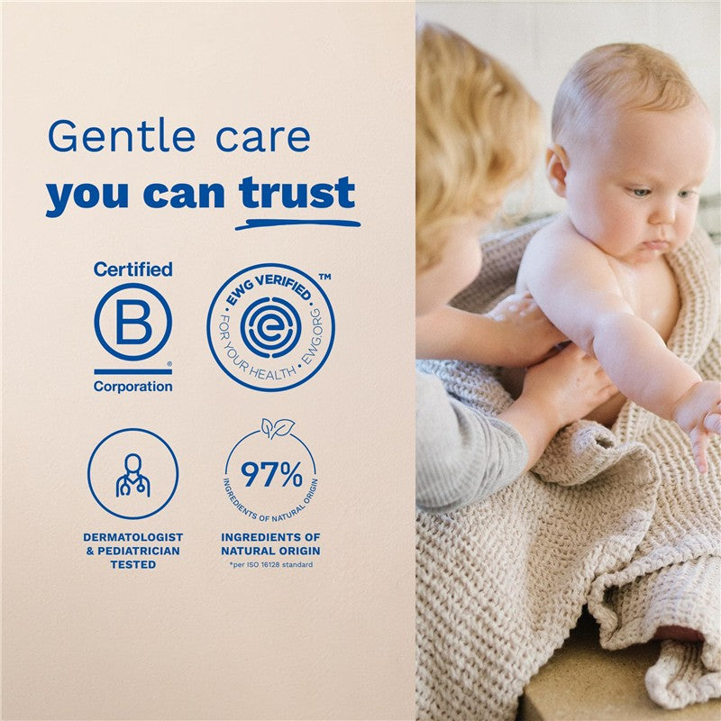 Mustela Arnica Gel with Organic Calendula displayed alongside a child receiving gentle care, highlighting product certifications and key claims.