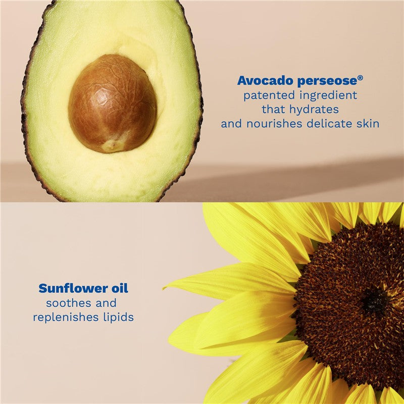 Avocado half showing seed with text about avocado perseose® and sunflower oil benefits for delicate skin hydration.
