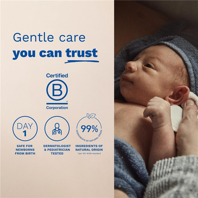 Mustela Foam Shampoo for Newborns, featuring a baby and text highlighting gentle care, safety, and natural ingredients.