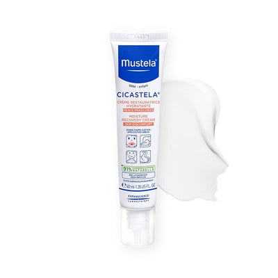 Mustela Cicastela Moisture Recovery Cream, 40 ml, for sensitive skin, with text highlighting its soothing and purifying properties.