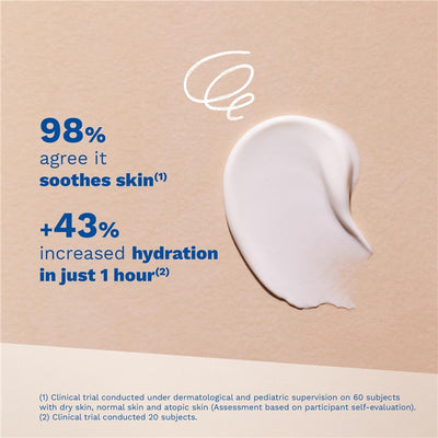 Mustela Cicastela Moisture Recovery Cream shown with a creamy texture alongside claims of 98% satisfaction and 43% hydration increase in one hour.