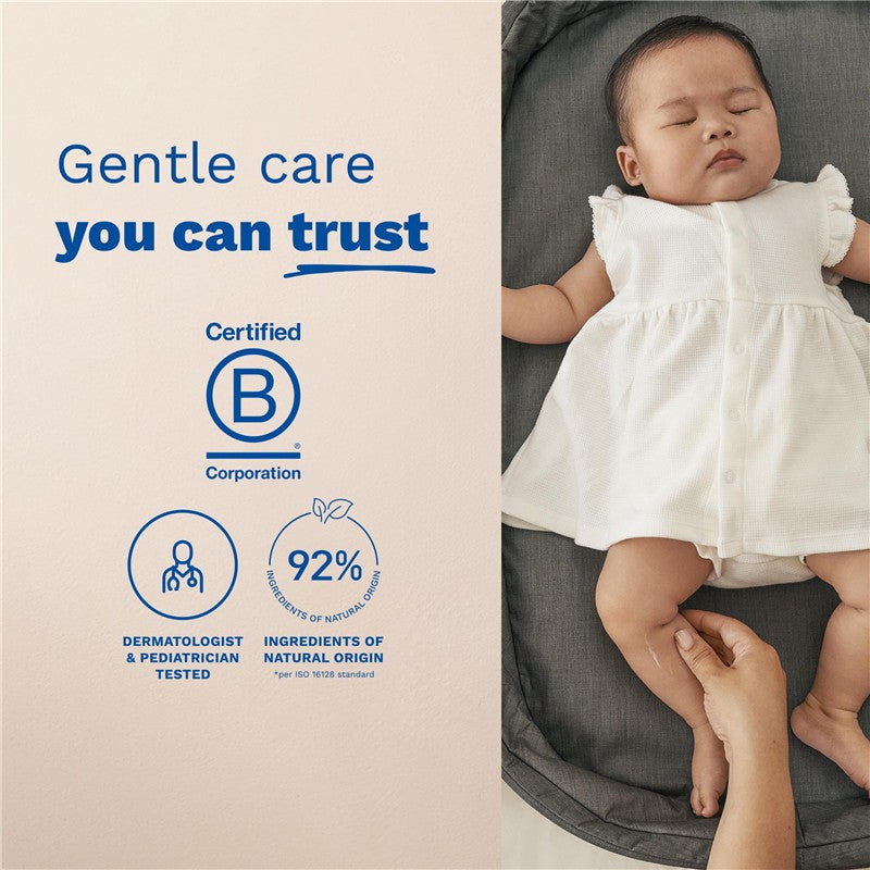 Mustela Cicastela Moisture Recovery Cream advertisement featuring a sleeping baby, highlighting gentle care and product certification details.