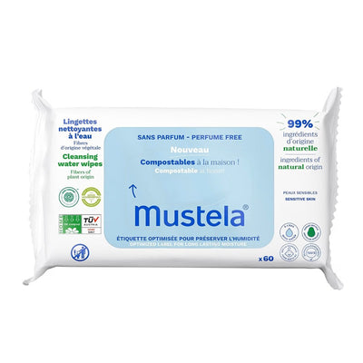 Mustela Compostable Cleansing Water Wipes, Fragrance Free, 60 count package
