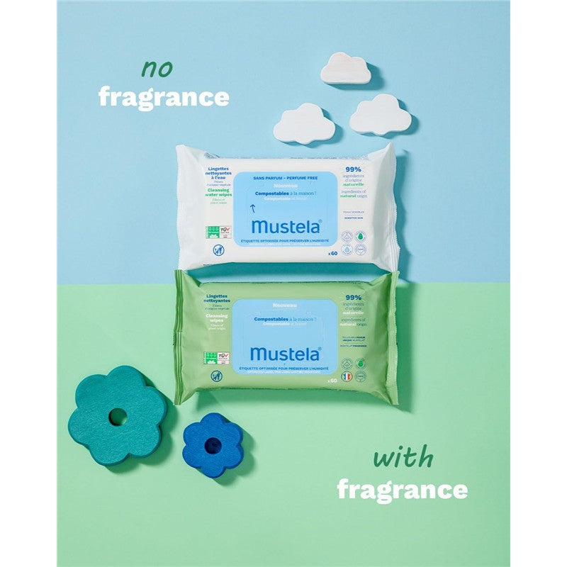 Compostable cleansing water wipes from Mustela, fragrance-free and with fragrance, displayed on a colorful background.