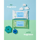 Compostable cleansing water wipes from Mustela, fragrance-free and with fragrance, displayed on a colorful background.