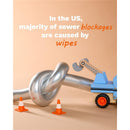 Graphic illustrating a blocked pipe with a toy truck and cones, highlighting that wipes cause sewer blockages.