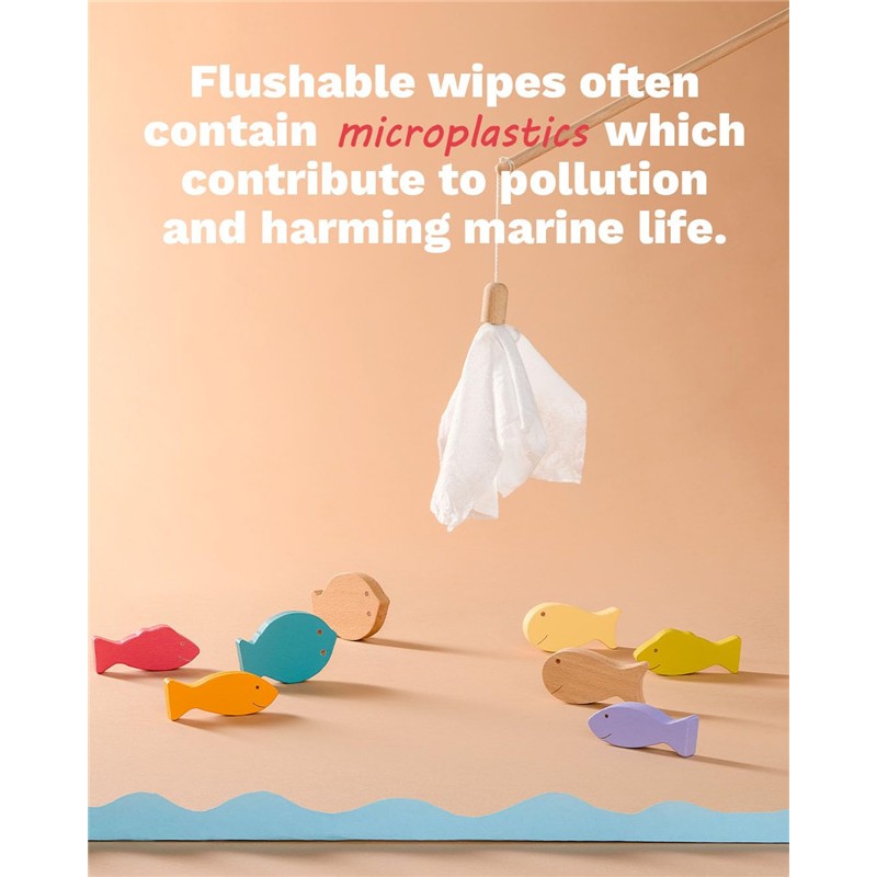 Flushable wipes illustrated with a white cloth held above colorful wooden fish, highlighting microplastic pollution.