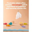 Flushable wipes illustrated with a white cloth held above colorful wooden fish, highlighting microplastic pollution.