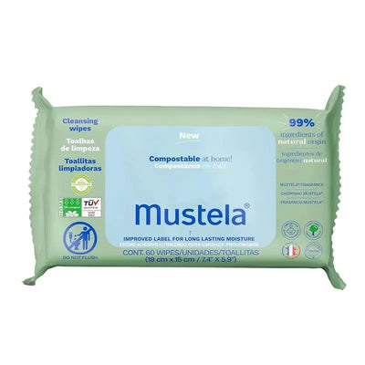 Compostable Cleansing Water Wipes by Mustela, featuring 99% natural ingredients, pack of 60 wipes.