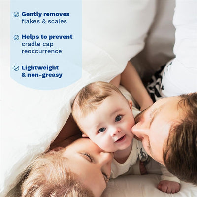Mustela Cradle Cap Cream 1.35 fl oz displayed with parents and baby; highlights benefits like flake removal and lightweight formula.