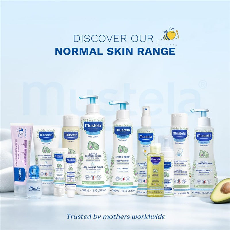 Mustela Cradle Cap Cream and various Mustela skincare products arranged on a light background, highlighting the normal skin range.