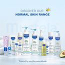 Mustela Cradle Cap Cream and various Mustela skincare products arranged on a light background, highlighting the normal skin range.