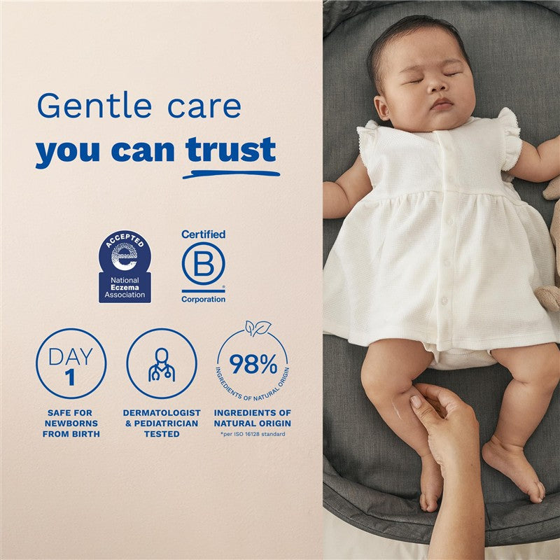 Mustela Diaper Rash Cream 123 3.8 oz, featuring a sleeping baby and highlighted benefits: gentle care, safe for newborns, and 98% natural ingredients.