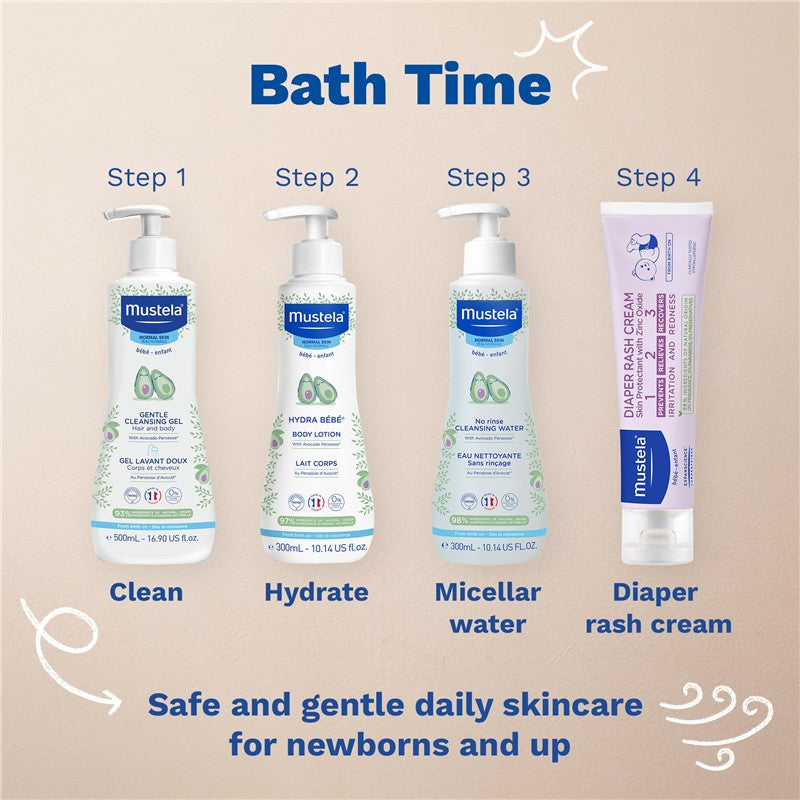 Mustela Diaper Rash Cream 123 - 3.8 oz among other Mustela baby skincare products, labeled for bath time steps.