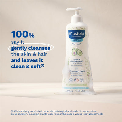 Mustela Gentle Cleansing Gel, 25.35 fl oz, featuring avocado and claims to gently cleanse skin and hair, keeping it clean and soft.