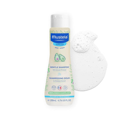 Gentle Shampoo by Mustela for normal skin, featuring avocado extract, in a 6.76oz bottle.
