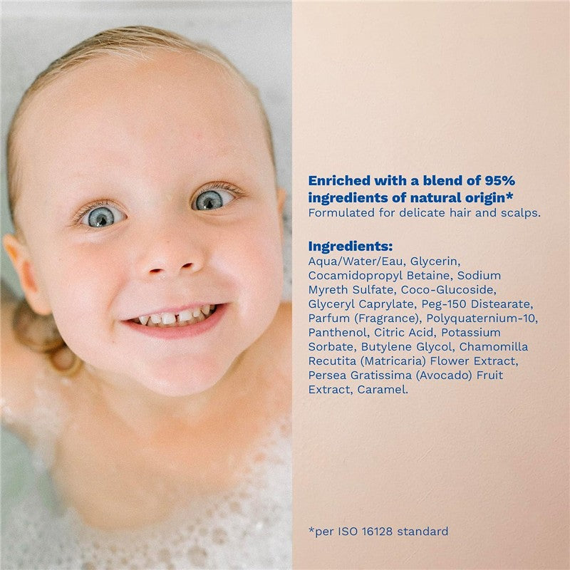 Gentle shampoo bottle next to a smiling child in a bath, highlighting its natural ingredients and suitability for delicate hair.