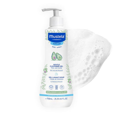 Mustela Gentle Cleansing Gel for baby hair and body with a pump dispenser and soap foam