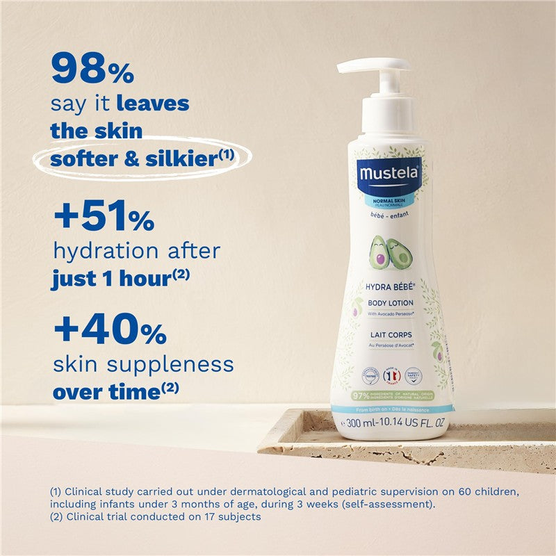 Mustela Hydra Bébé Body Lotion bottle on a textured surface, highlighting hydration and skin softness benefits with visible percentages.