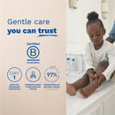 Mustela Hydra Bébé Body Lotion displayed with a child applying it to their legs; highlights trusted care, safety, and natural ingredients.