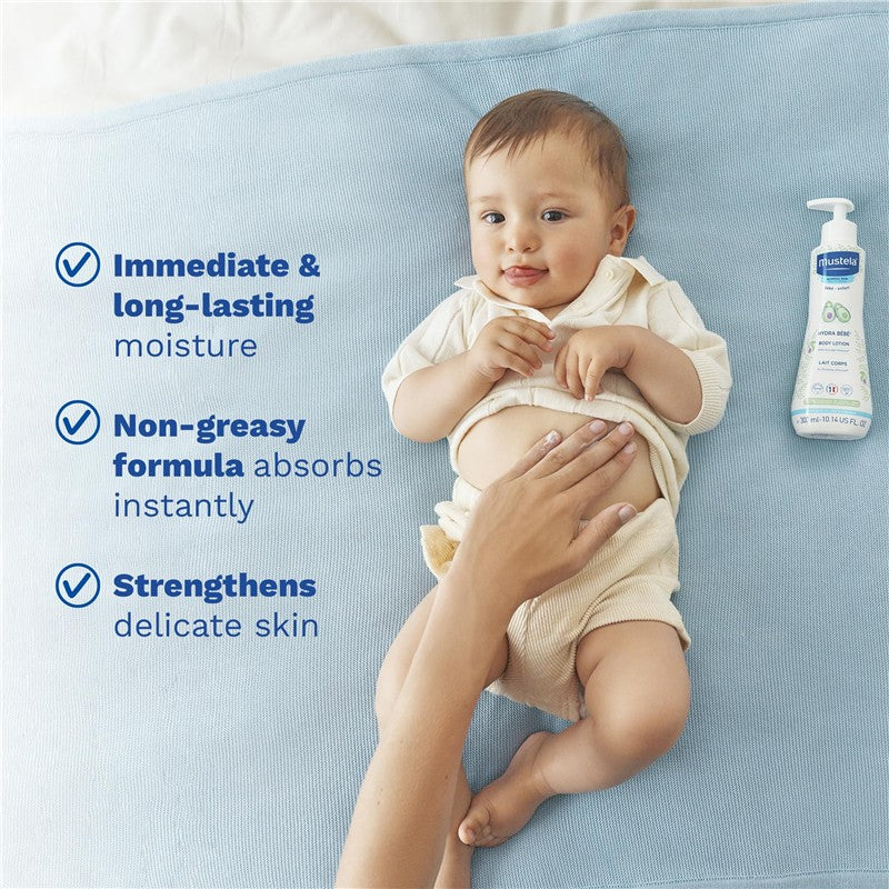 Mustela Hydra Bébé Body Lotion bottle next to a baby with a caregiver applying lotion, highlighting moisturizing benefits.