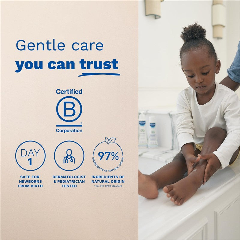 Mustela Hydra Bébé Body Lotion, 25.35 fl oz, with a child receiving moisturizing care; highlights gentle, safe ingredients for newborns.