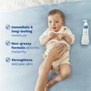 Mustela Hydra Bébé Body Lotion bottle beside a baby receiving lotion on their belly, highlighting moisturizing benefits.
