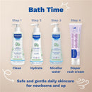Mustela Hydra Bébé Body Lotion 25.35 fl oz among other baby skincare products with steps for bath time routine.
