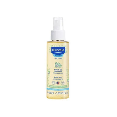 Mustela Baby Oil Moisturizing Oil for Massage, 100 mL, with avocado oil, featuring a spray top and floral design.