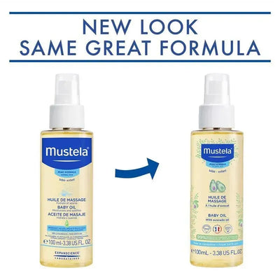 Mustela Baby Oil Moisturizing Oil for Massage with avocado oil, features a new design, showing two bottles with the same formula.