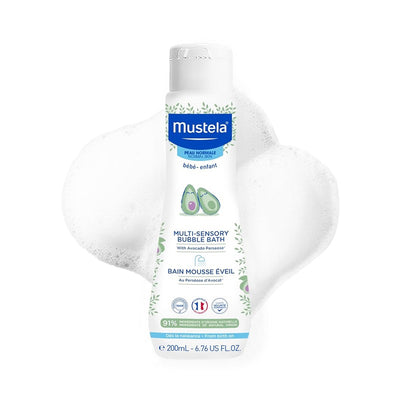 Mustela Multi-Sensory Bubble Bath for babies and children, 200mL bottle surrounded by foam.