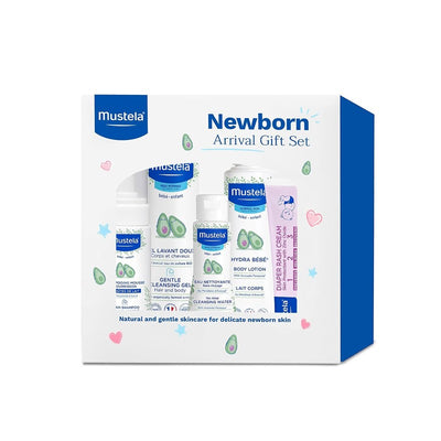 Mustela Newborn Arrival 5-Piece Gift Set featuring baby skincare essentials in a white box.