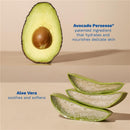 Avocado halves with a visible pit and sliced aloe vera leaves, highlighting ingredients for skin hydration and soothing.
